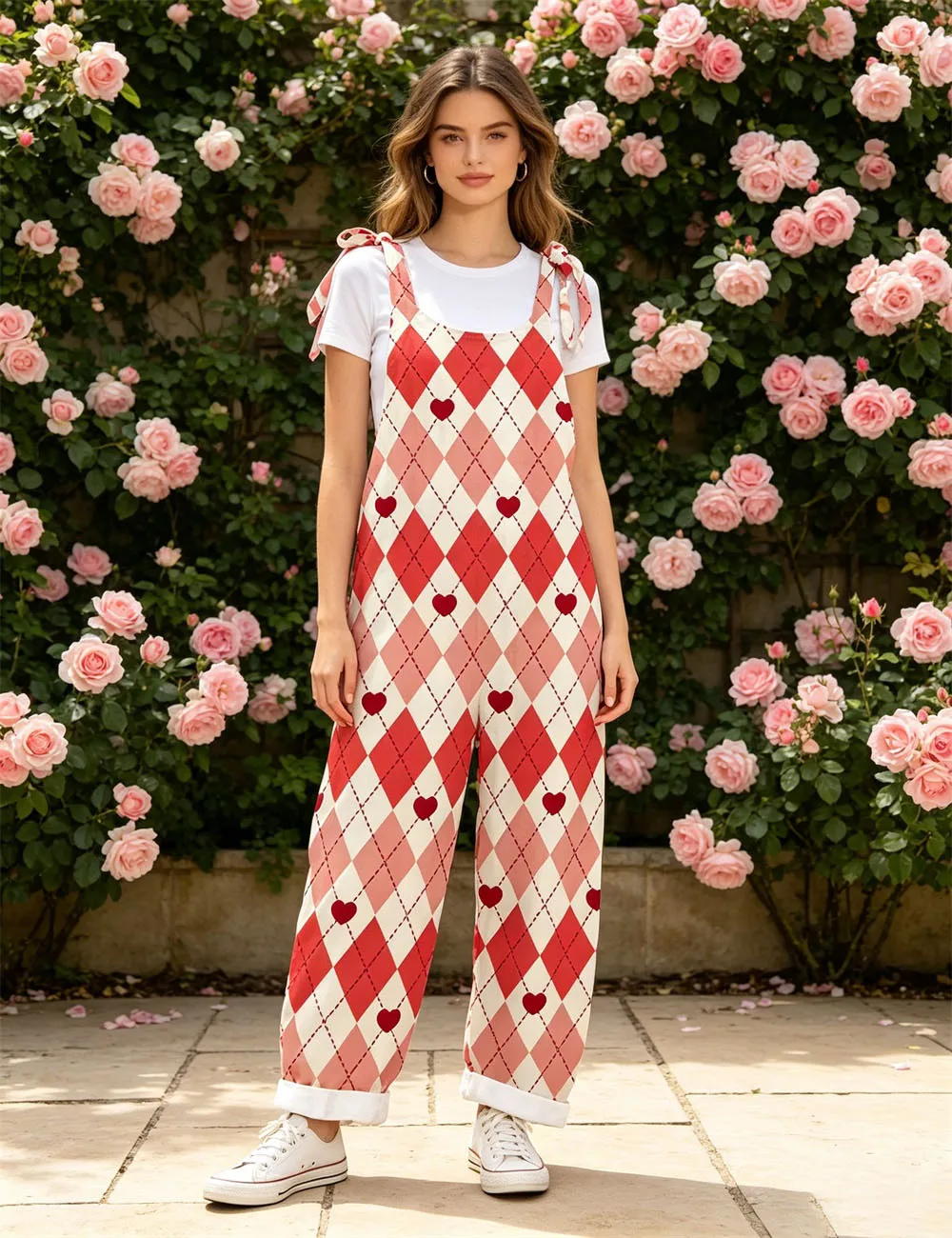 Ladies' lace up red, pink, and white Agarger print casual cute loose jumpsuit retro casual pants