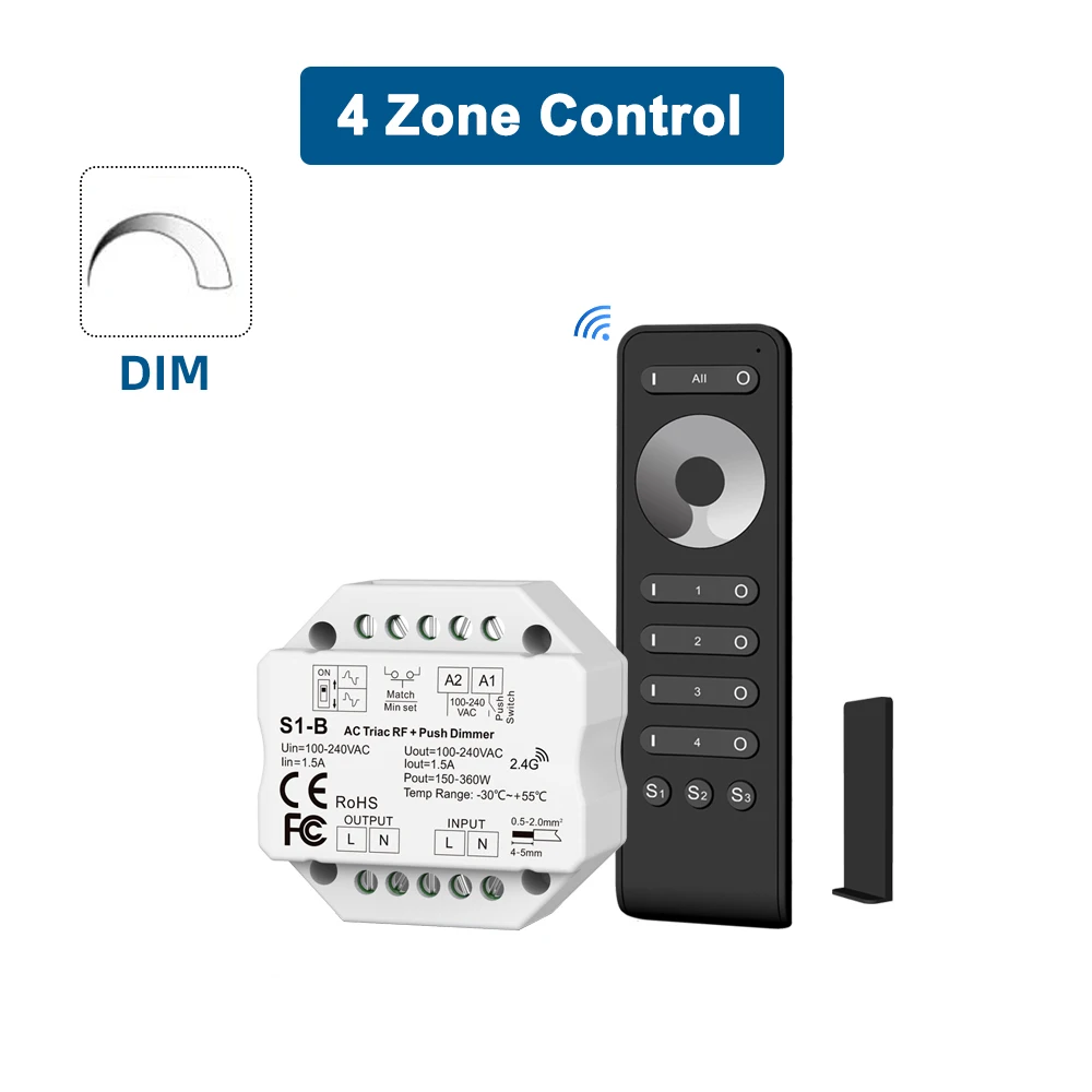 S1-B LED Triac Dimmer  AC 230V 110V 220V 2.4G RF RS1 4 Zone Touch Remote  Dimming Push Switch for Dimmable LED Bulb Light Lamp