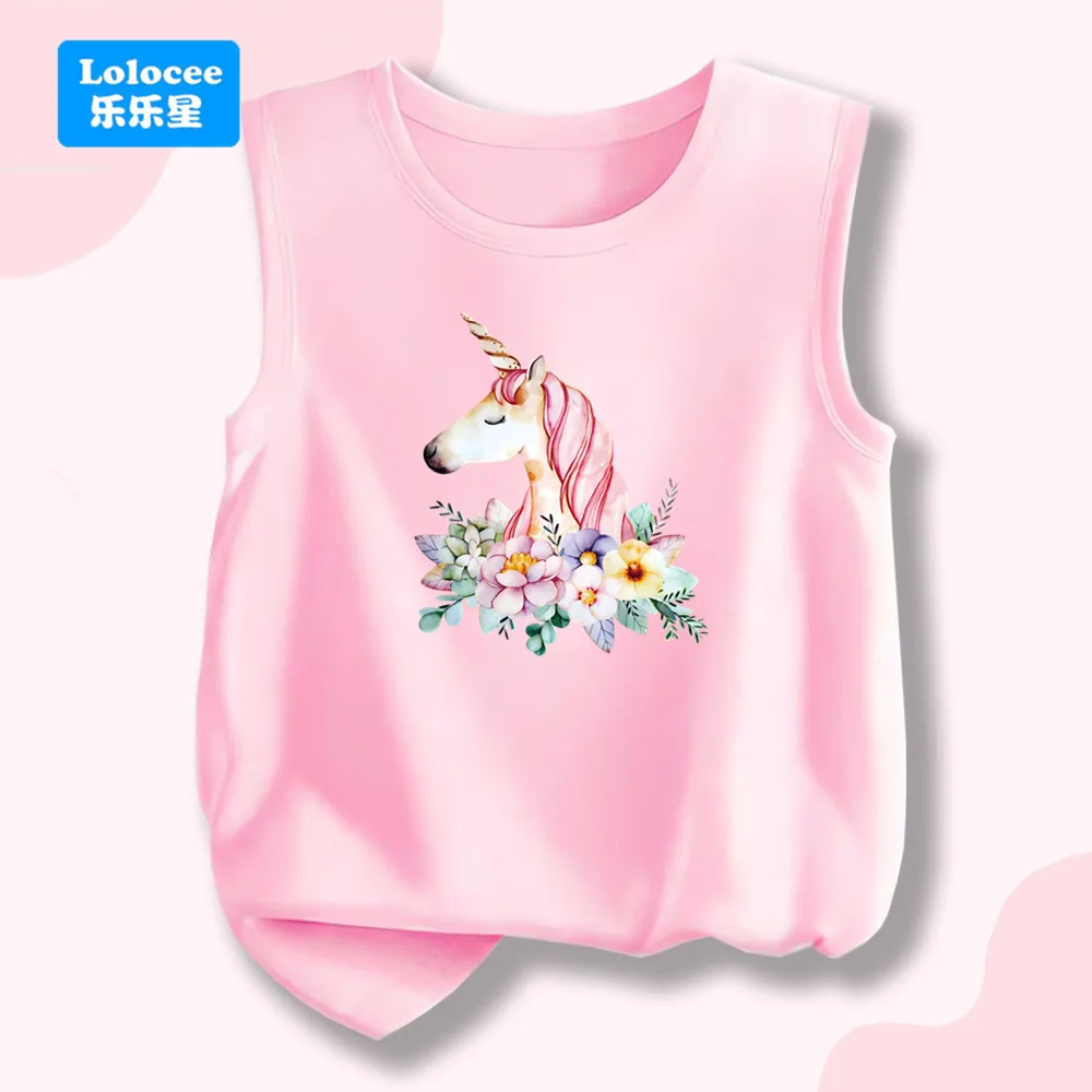 

Girls' Cartoon Tank Top with Floral Unicorn Print - Casual Summer Vest for Kids Sleeveless T-shirt DJST1