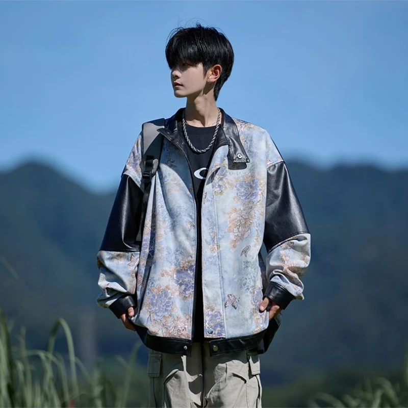 

Men's Spring And Autumn Collar Outdoor Large Coat Versatile Leather Jacket Casual Stand Collar Loose Motorcycle Flower Jacket