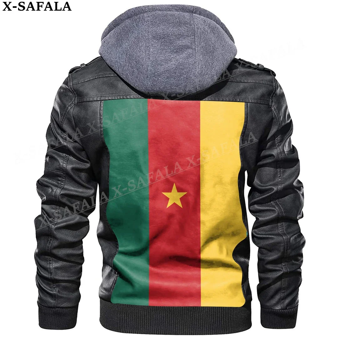 

Cameroon Country Flag Leather Jacket Men Winter Fleece Motorcycle Faux Leather Jacket Removable Fur Collar Windbreaker Coat