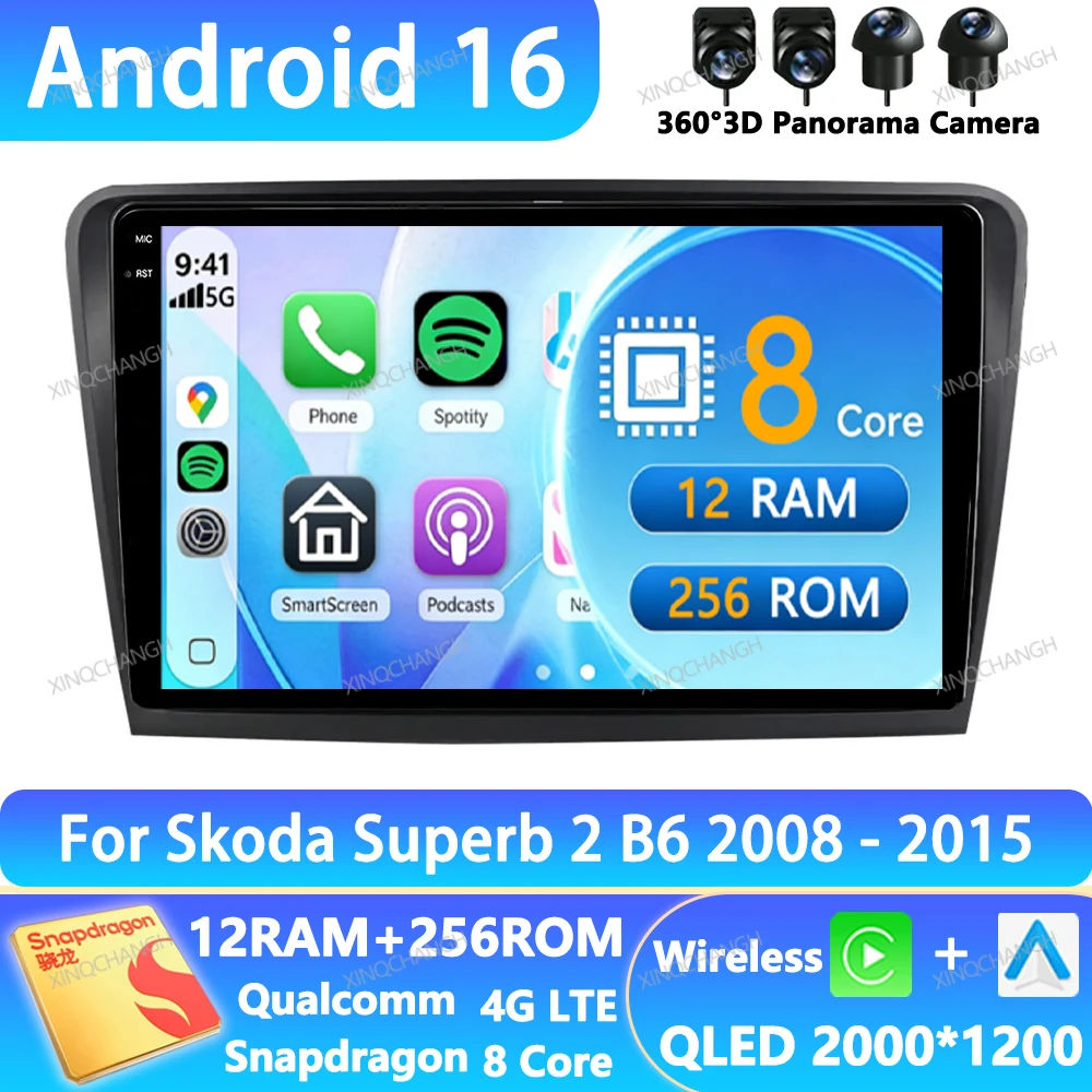 Android 16 Car Radio Carplay Auto For Skoda Superb 2 B6 2008 2009 2010 2011 - 2015 Navigation 4G WIFI Head Unit BT Qualcomm 2DIN