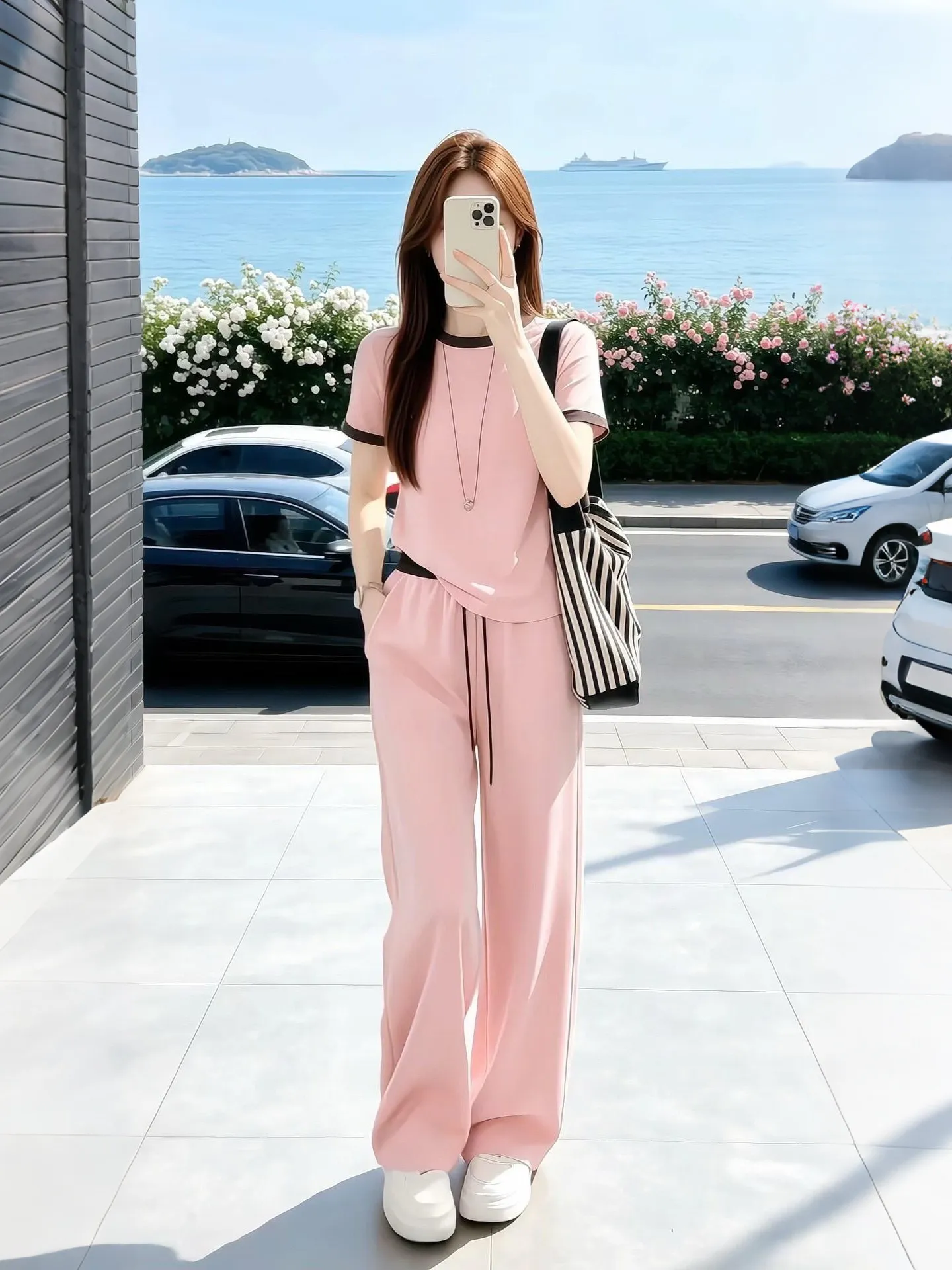 

Summer Loose Women's Outfit High Waist Wide Leg Pants T-Shirt Color Block Style Breathable Lightweight Casual Fashion Set