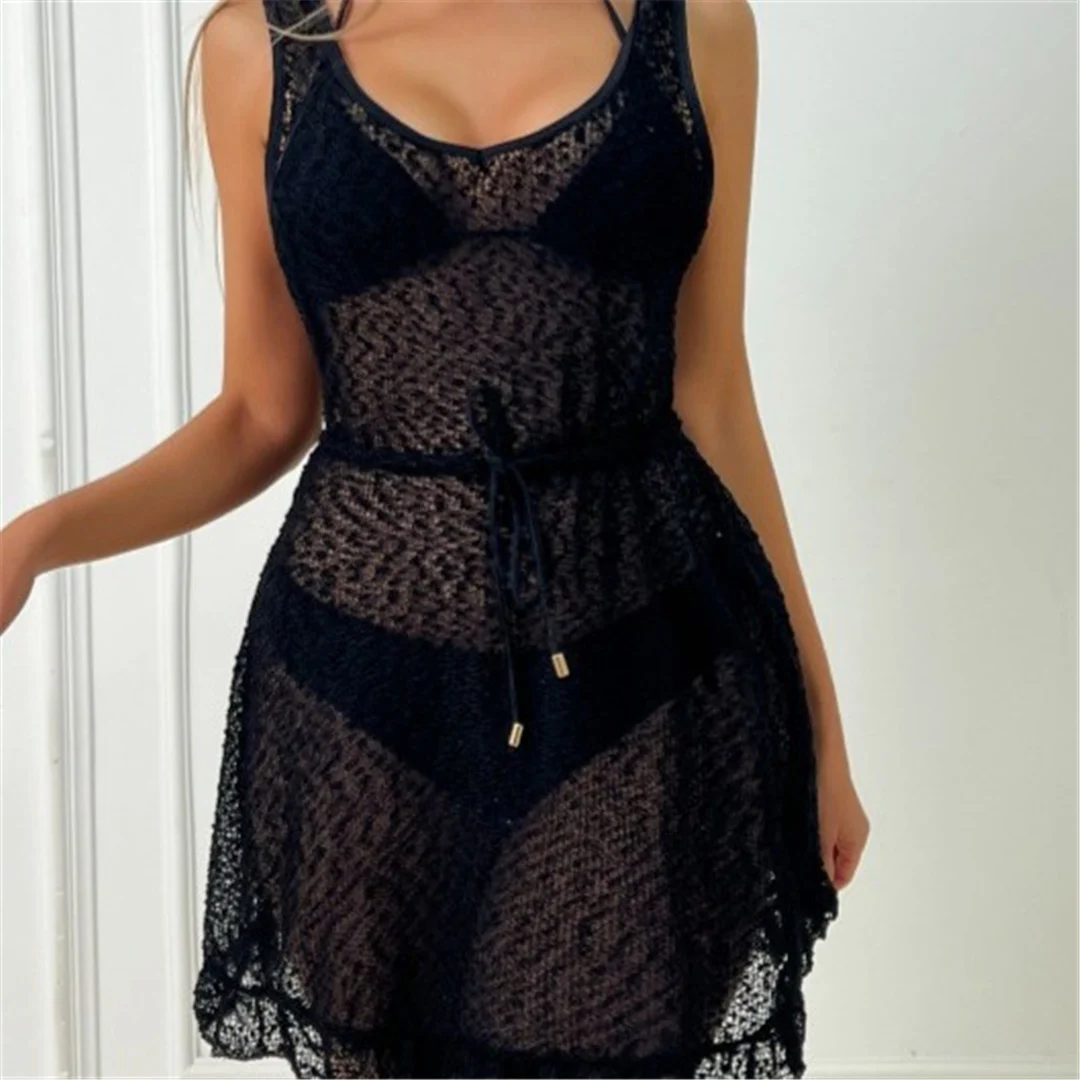 S - XL Rückenfreie, durchsichtige, gehäkelte, gestrickte Tunika, Strand-Überwurf, Strandkleid, Strandmode, Damen V8375 – Detail 3