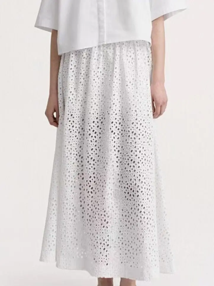 Withered White Cotton Medium Long Mesh Embroidery High Waisted Pleated Skirt With Large Swing High Waisted Skirt