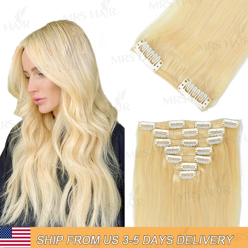 

18 дюймов 613 блондинка на заколке для наращивания человеческих волос, настоящая натуральная заколка для наращивания волос, двойной уток, полная голова, 7 шт., клипсы