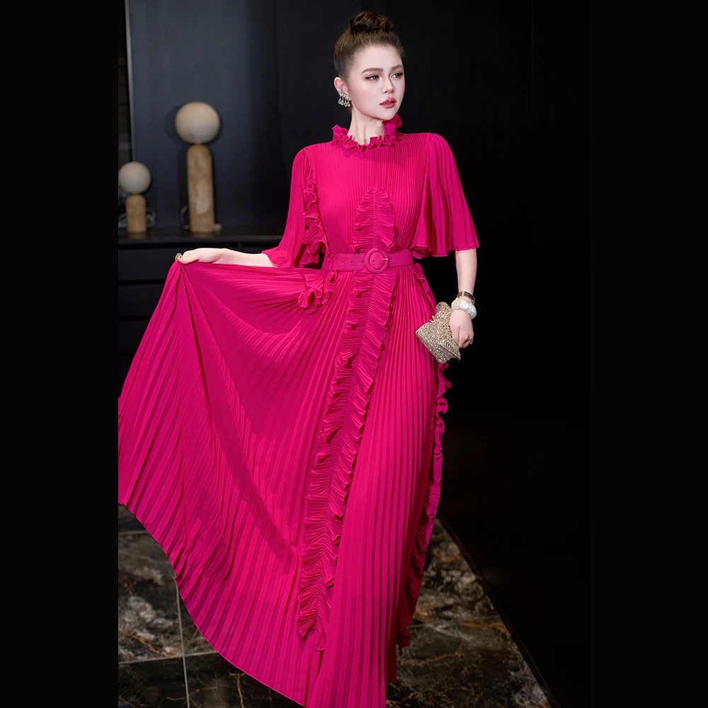 

Meyyithun Women's Dress The New Spring/Summer 2026 Light Luxury Rose- Qiaoqi Short-sleeved Princess Collar Pleated Long Dress