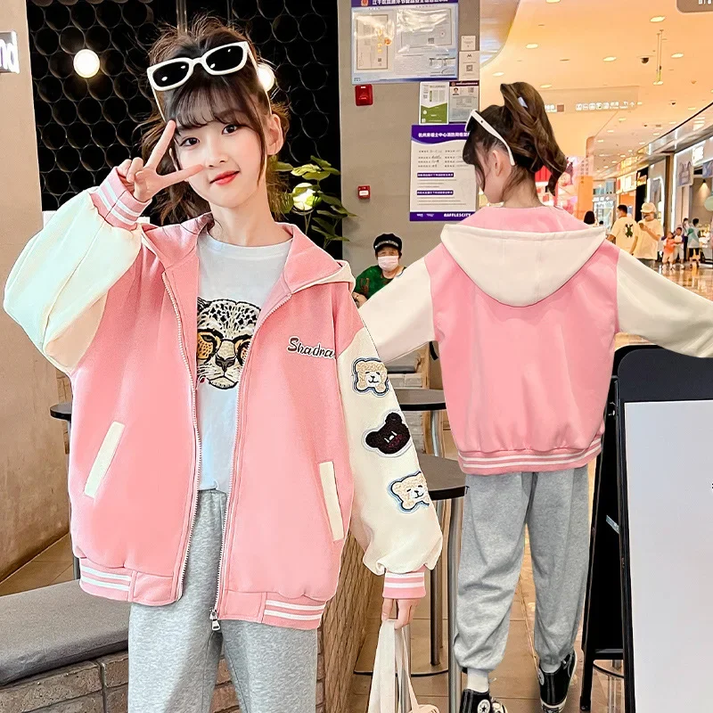 Spring Autumn Girls Bomber Jackets Kid Hooded Outerwear Pink Baseball Uniform Children Loose Varsity Jacket Coat 4 6 8 10 11 12Y