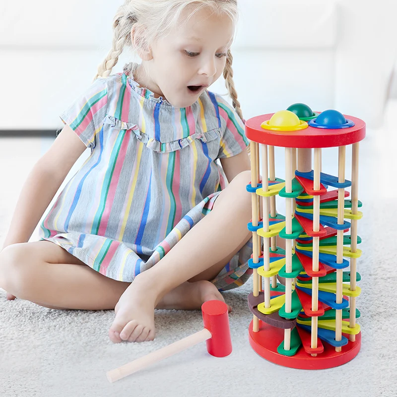 Montessori Children Hand-Eye Coordination Training Wood Toys Roll Wood Tower with Hammer Knock Games Knock Ball Drop Ladder Game