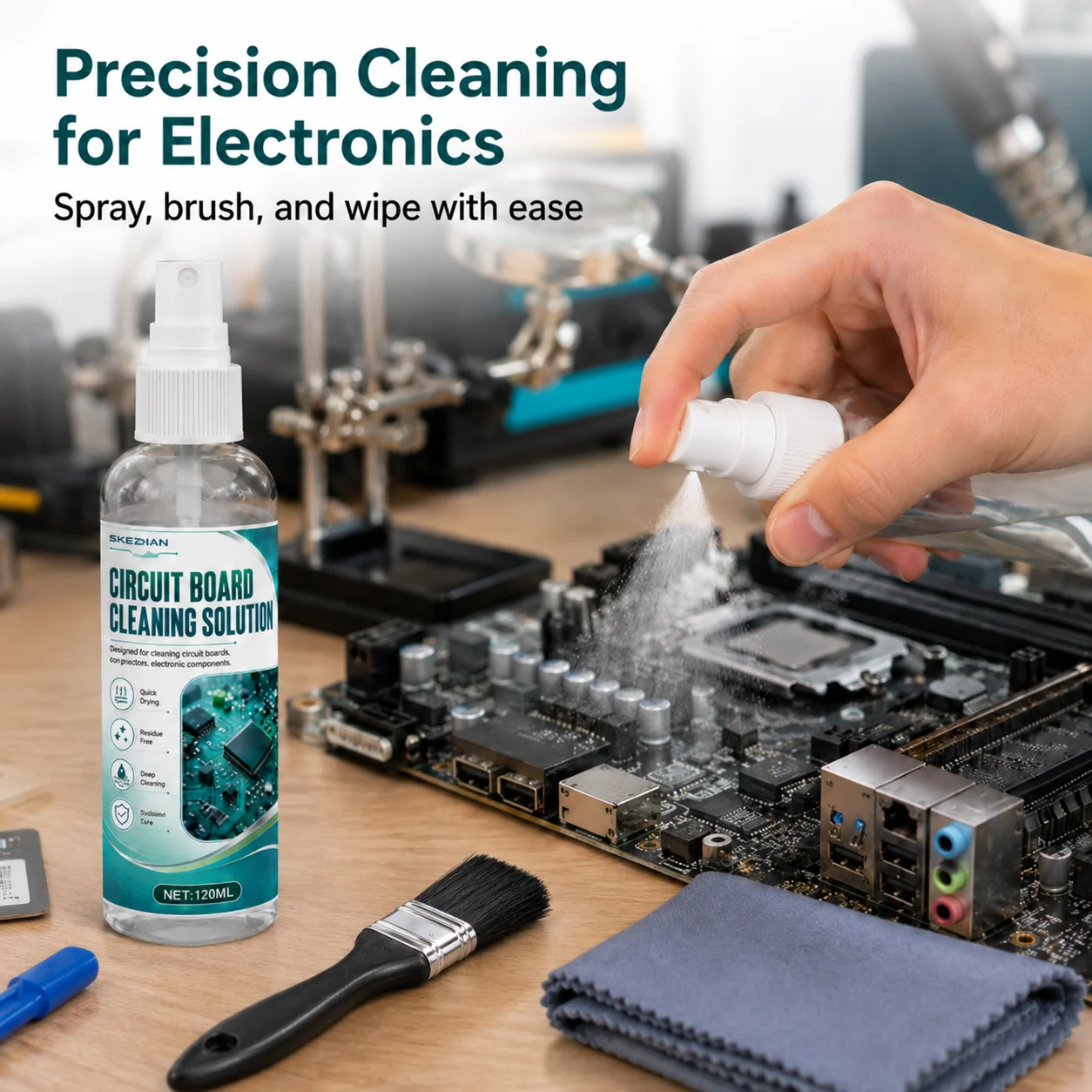 120ml Circuit Board Cleaning Solution Kit with Brush Microfiber Cloth for PCB Motherboard Electronic Component Maintenance