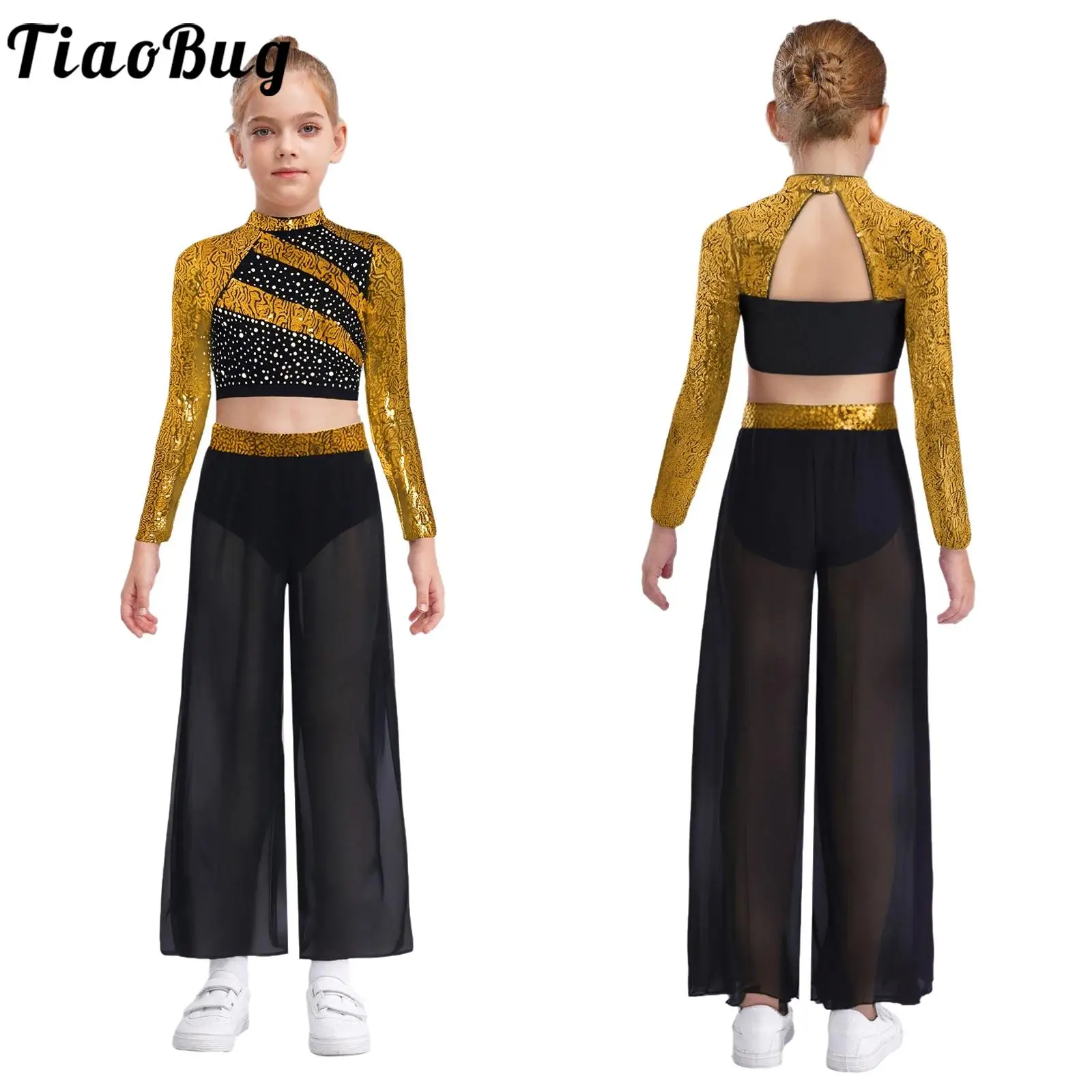

Girls Jazz Dance Costume Outfit Cheer Modern Dancewear Choir Stage Sets Long Sleeve Sequins Cutout Crop Top with Wide-Leg Pants