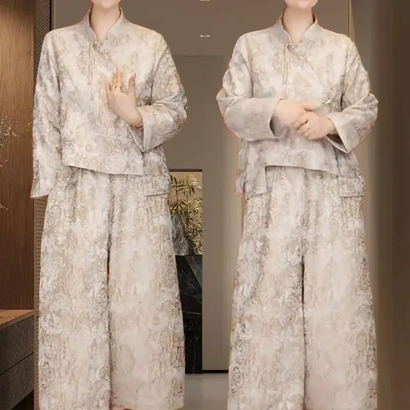 

Temperament Spring and Summer New Chinese Style Top Women's Fashion High Waist Wide Leg Pants Two Piece Set