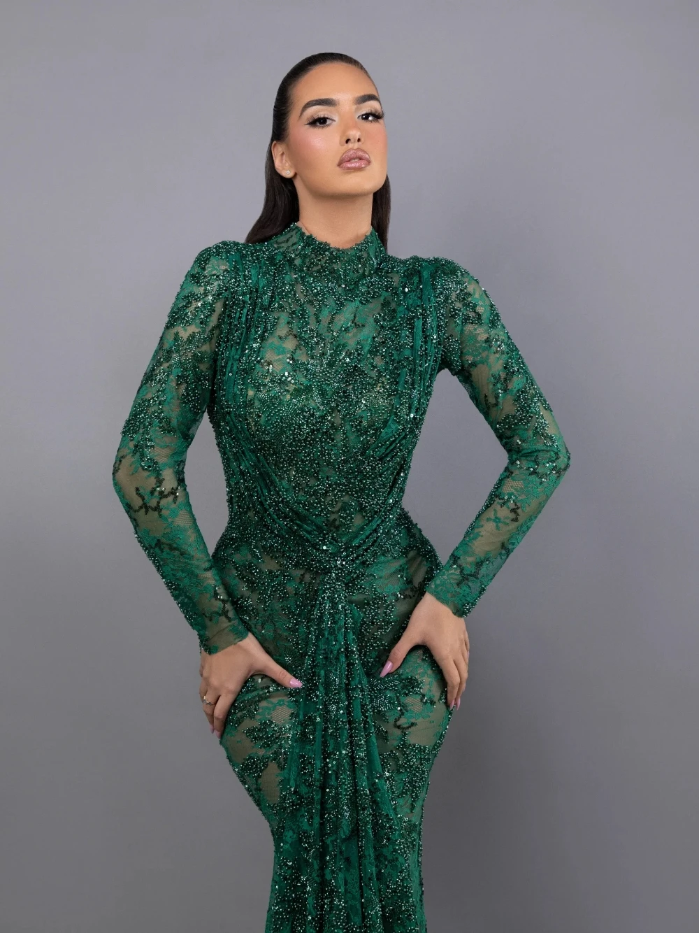 High-end Emerald Green Beaded Lace Mermaid Evening Dress High Neck Long Sleeve Luxury Formal Sparkling Party Gown Customized