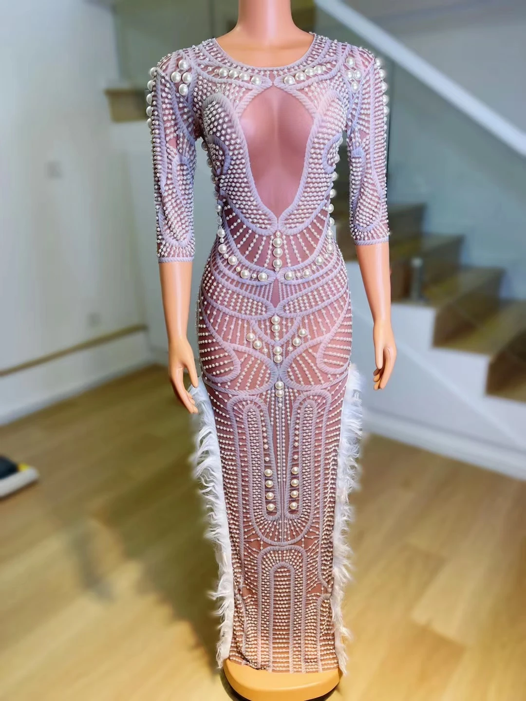 

Fashion Women's Wear Pink Transparent Long Dress Evening Women Birthday Celebrate Luxurious Costume Dancer Flashing Dresses