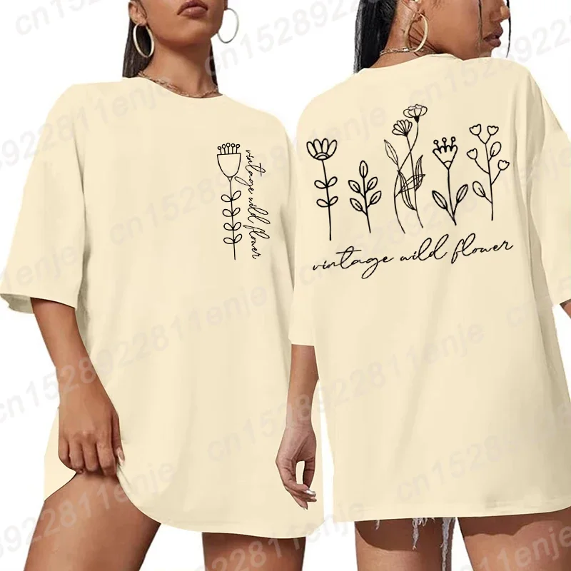 

Винтажная футболка с принтом полевых цветов для женщин, летние модные повседневные футболки с короткими рукавами, топы из чистого хлопка, футболка большого размера с графикой