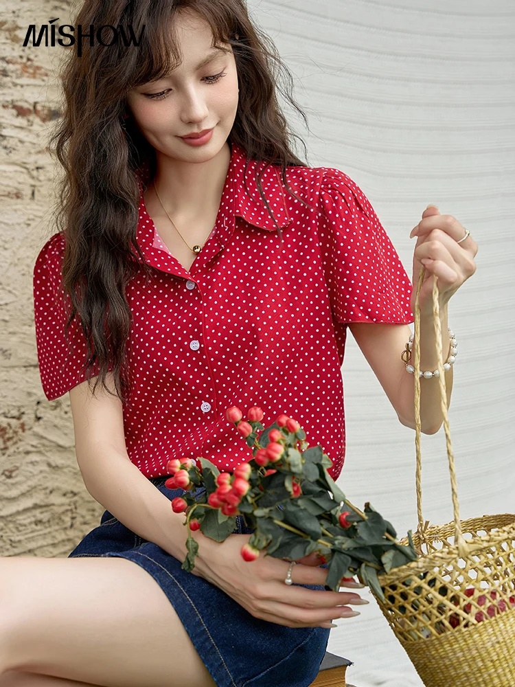 

MISHOW Polka Dot Shirt for Women 2024 Summer New Puff Short Sleeve Turn-down Collar Blouse French Vintage Red Tops MXD24C0248