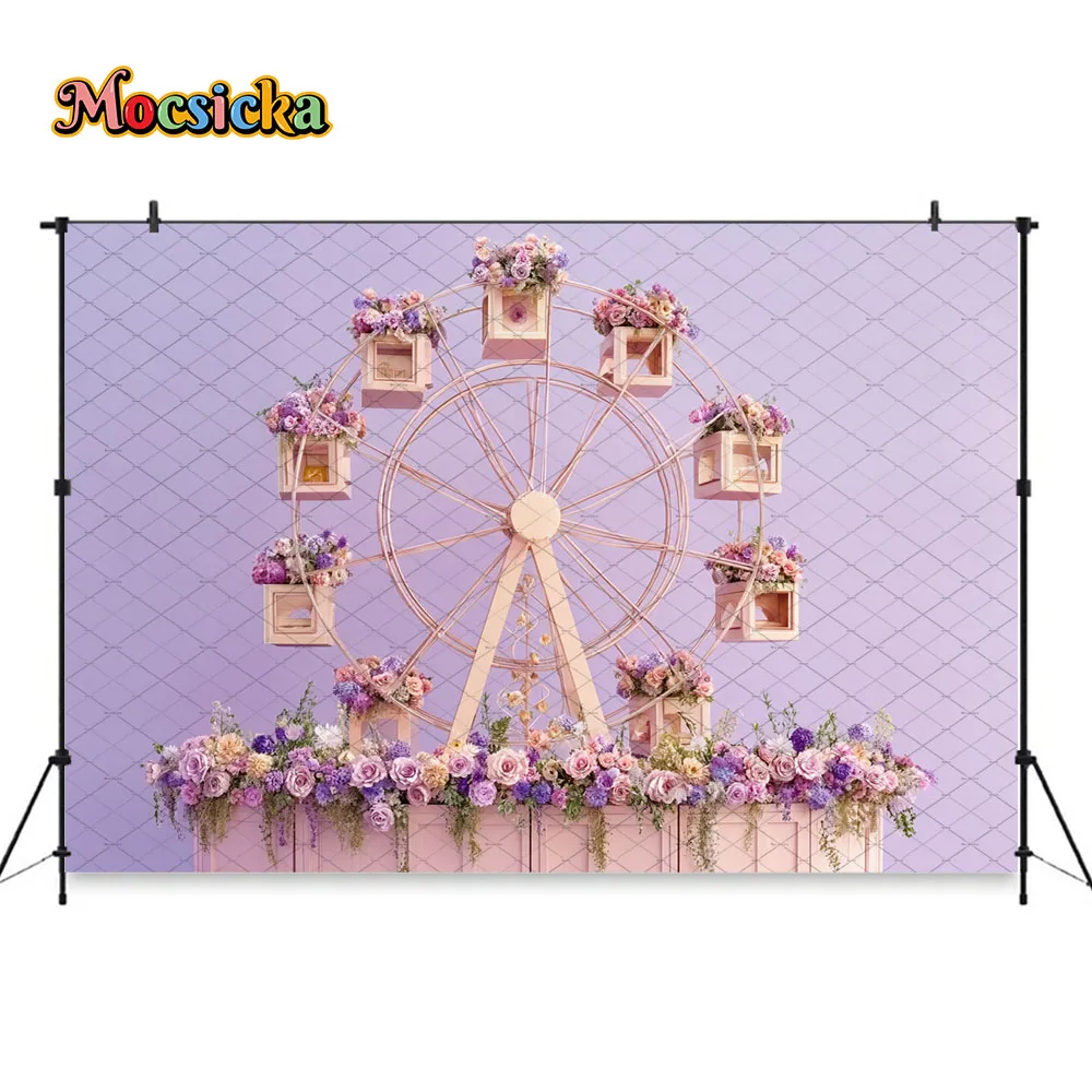 Mocsicka Spring Floral Wedding Party Backdrop Photography Purple Ferris Wheel Garden Background Kids Girl Birthday Photo Studio