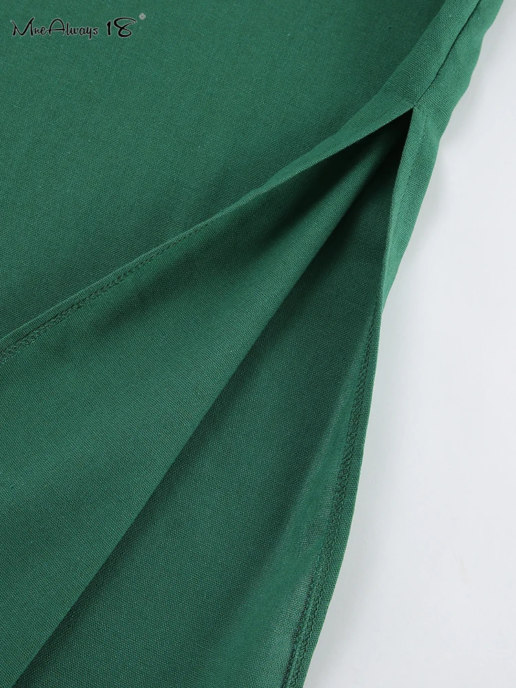 Mnealways18 Green Tank Cotton Linen Dresses Sleeveless Straight Split Dress 2023 All-Match Midi Drape Dress Vacation Style Lady