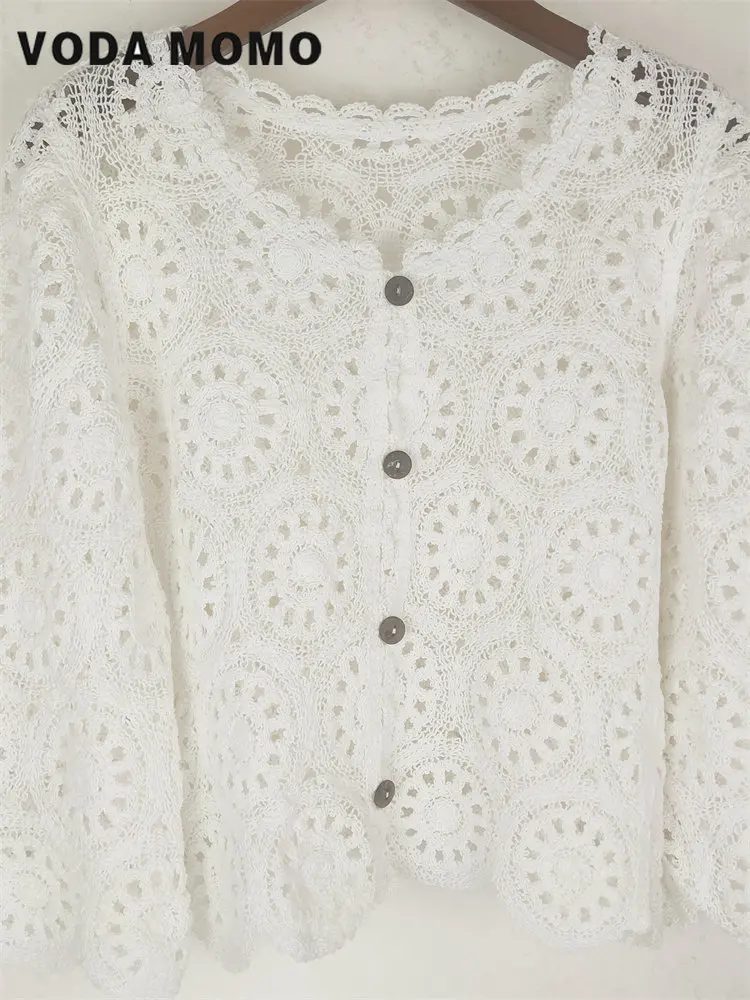 Frühling Neue Spitze Süße Koreanische Dame Chic Blusen Süße Tops Aushöhlen Volle Hülsen Haken Blumen Stilvolle Strickjacken Vintage Frauen