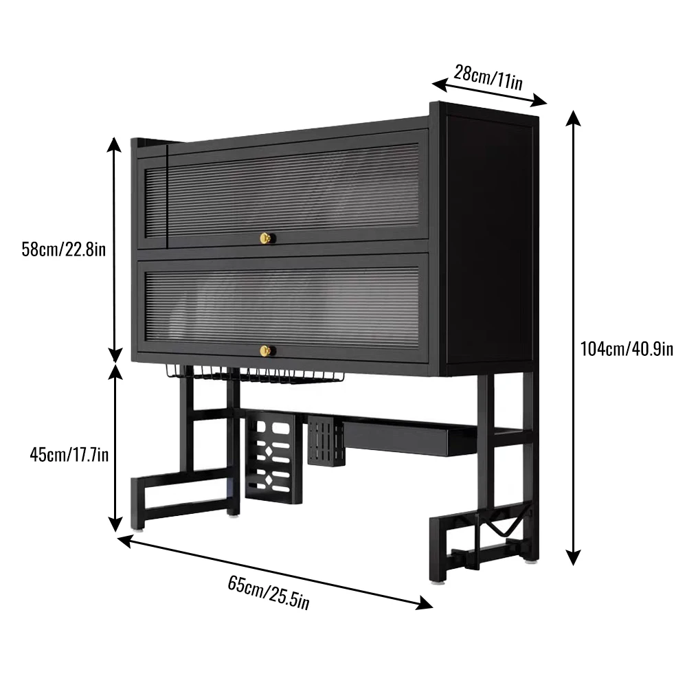 3-laags keukenkast boven de gootsteen, carbon steel afdruiprek, stofdicht, opklapbare kastdeur, verstelbare armen, houders