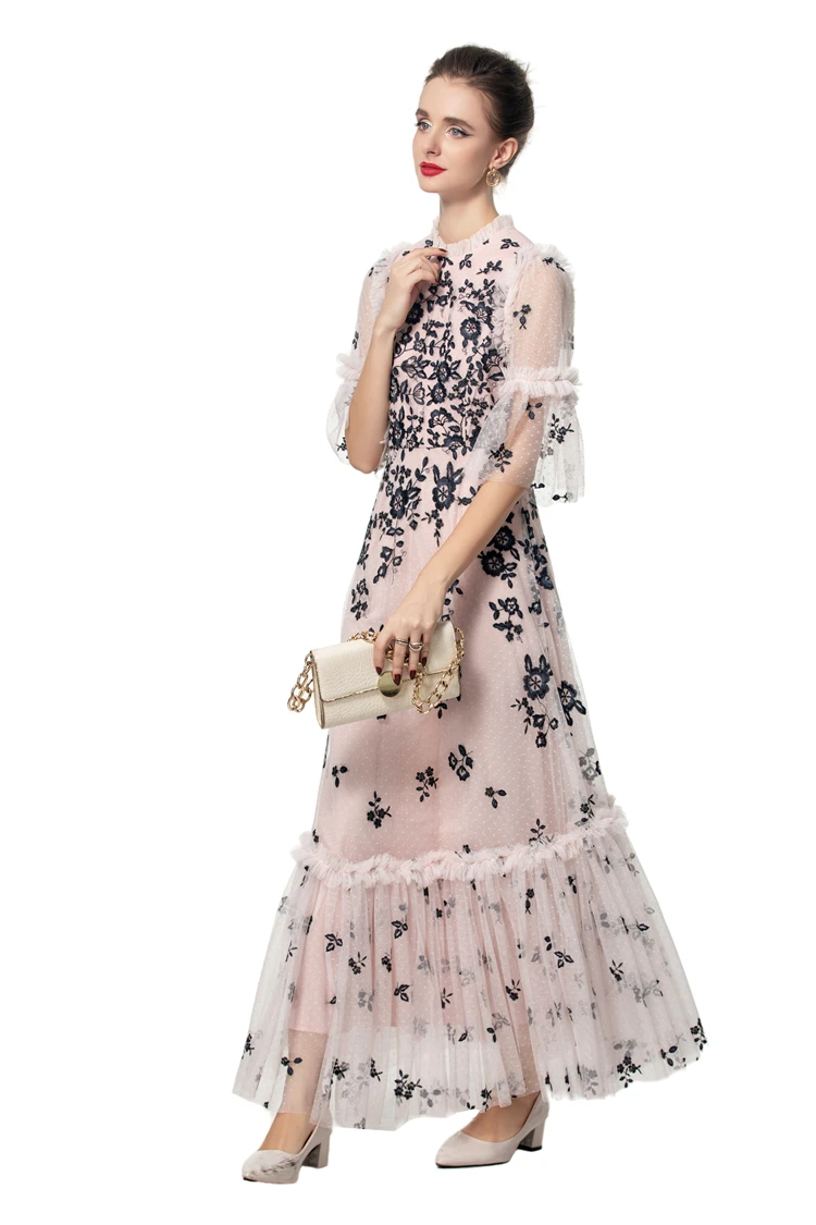 Vestido feminino o pescoço meia manga bordado em camadas floral elegante festa de formatura vestidos