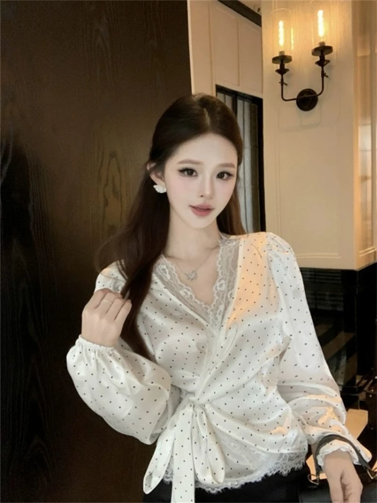 

​Light Luxury Pure Alluring Satin Polka Dot Lace V Neck Long Sleeve Shirt Women Autumn Waist Cinching Tie Belt Slimming Top​