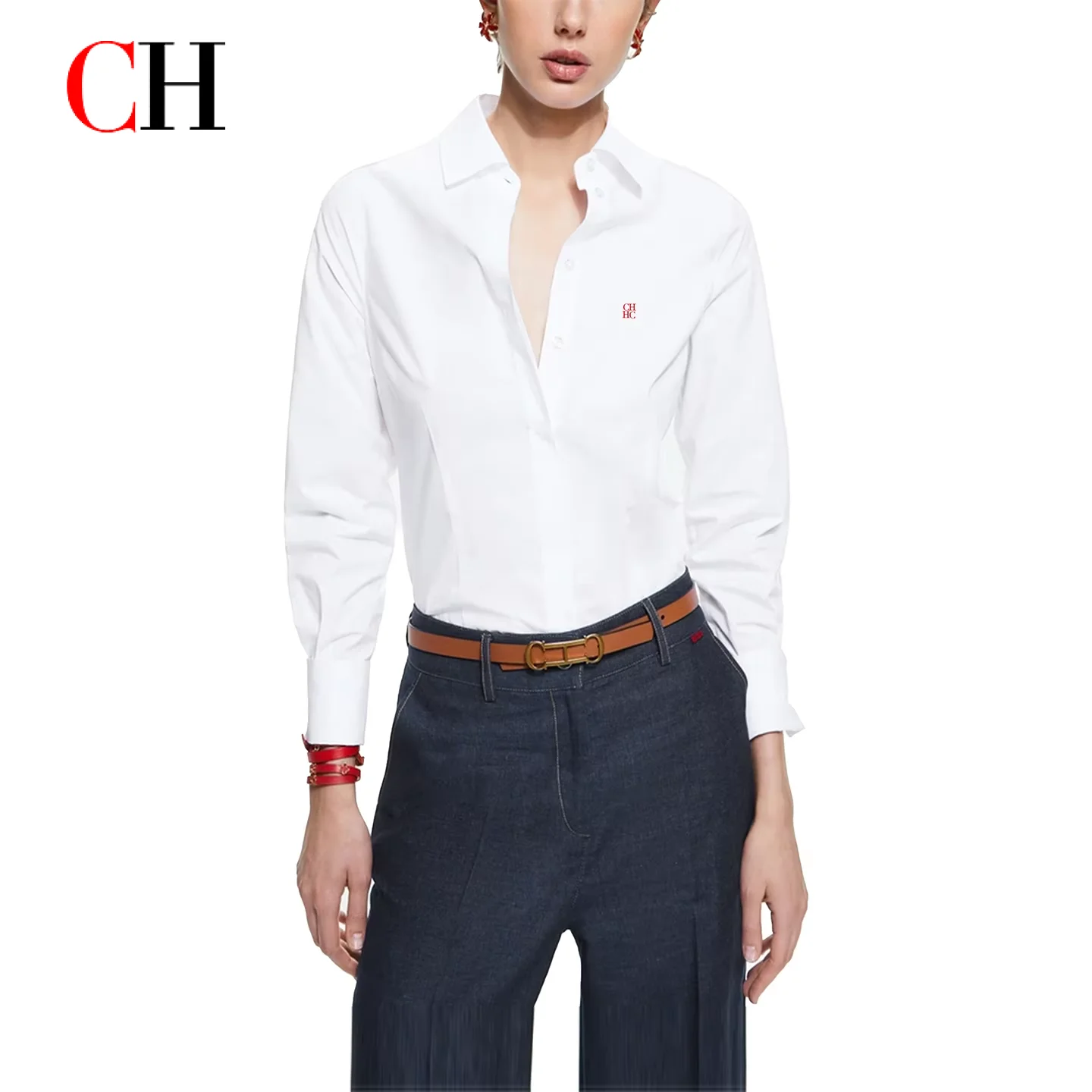 

CH Embroidered Long Sleeve Shirt Women Slim Fit Button Down Collar French Elegant Soft Cotton Casual Daily Wear Tops