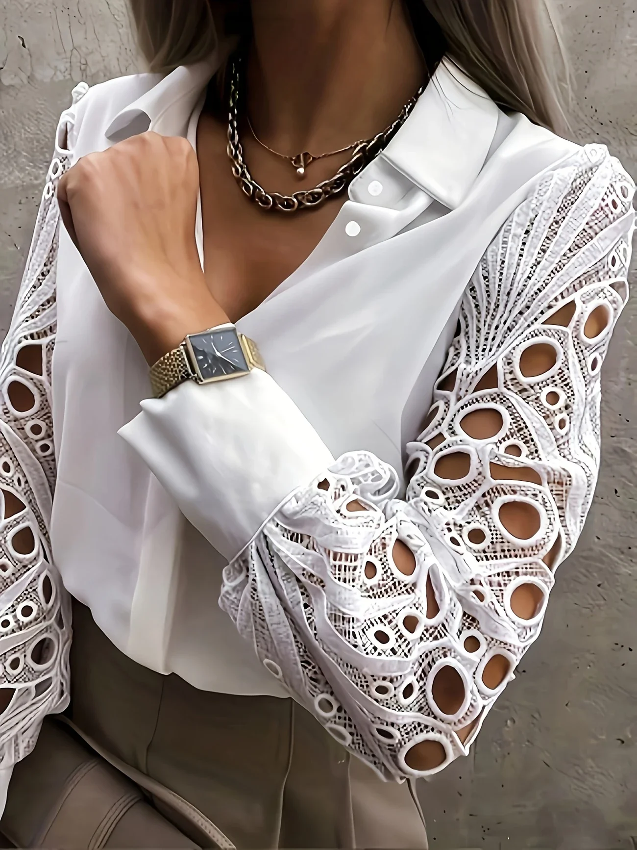Plus Size 1XL-5XL Women's Elegant Lace Blouse Button Ladies Fashion Long Sleeve Lace Splicing Blouse Shirt