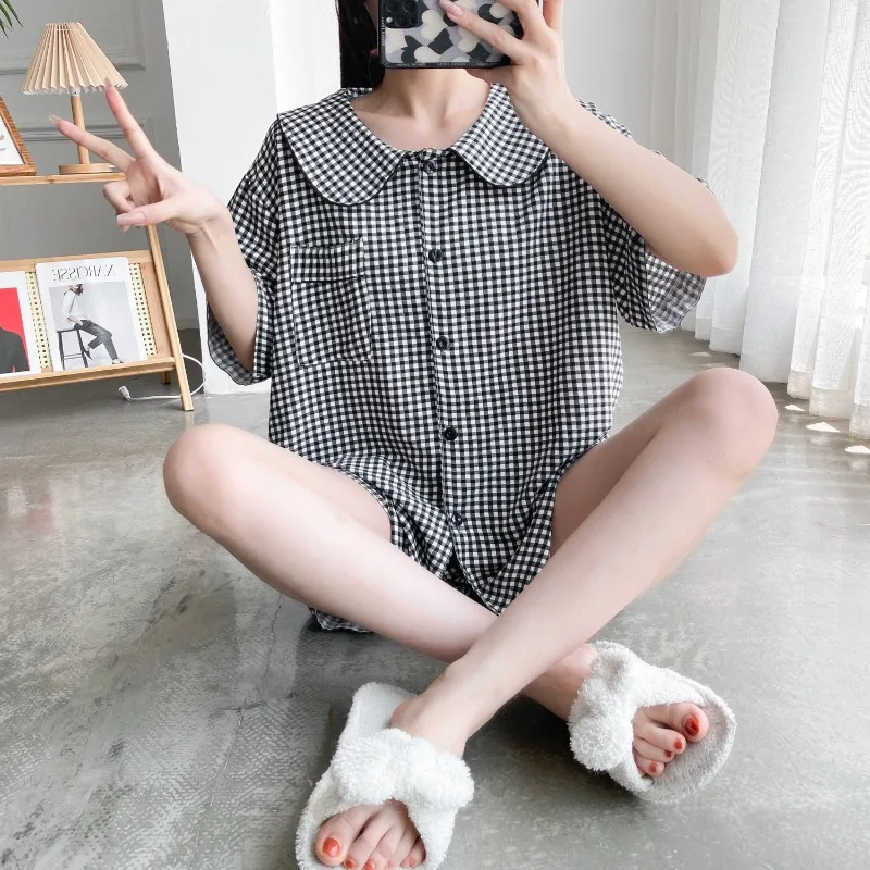 5XL Plus Size Summer Plaid Pajamas Set Women Sweet Short Sleeve Shorts Loungewear 2024 Ins Korean Style Students Home Clothes