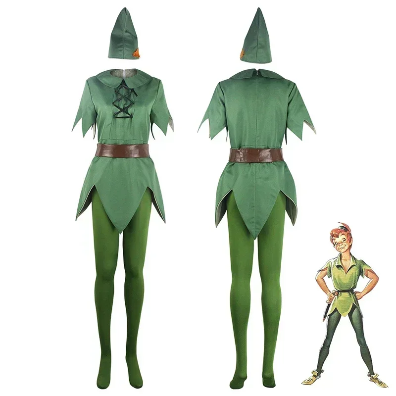 Fantasy Movie Peter Cosplay Jumpsuit Pan Costume Movie Peter Pan Green Elf Cloth Set Hat Uniform Halloween Carnival Costume