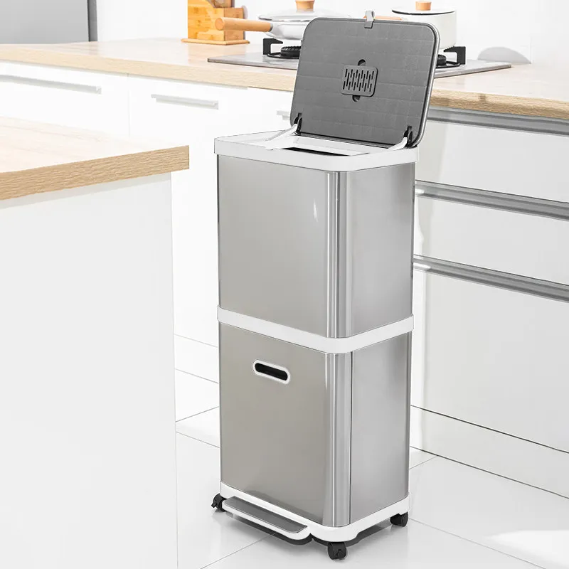 

Stainless Steel Kitchen Trash Can, 2-Tier Pedal Bin on Wheels, Large Capacity Step Wastebasket for Home, Easy Clean Design