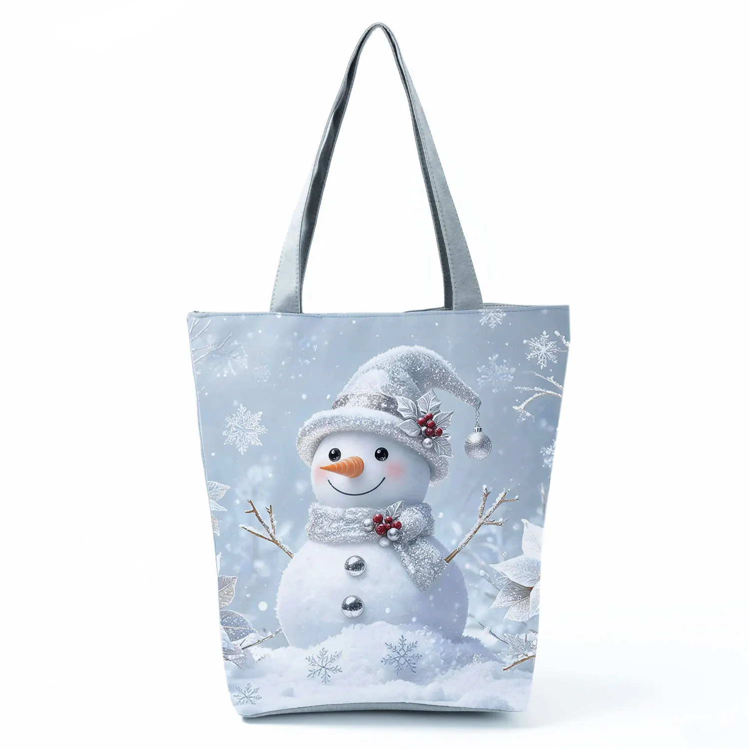 Winter Christmas Snowman Silver Printed Women Shoulder Bag Foldable Shopping Bag Zipper Handbag Portable Tote Large Capacity