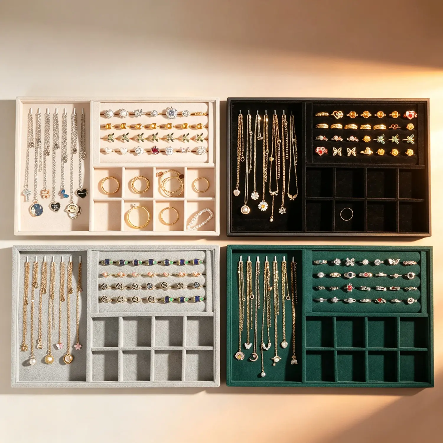 Premium Velvet Jewelry Storage Tray Anti Tarnish Necklace Ring Earring Display Organizer for Dresser Counter