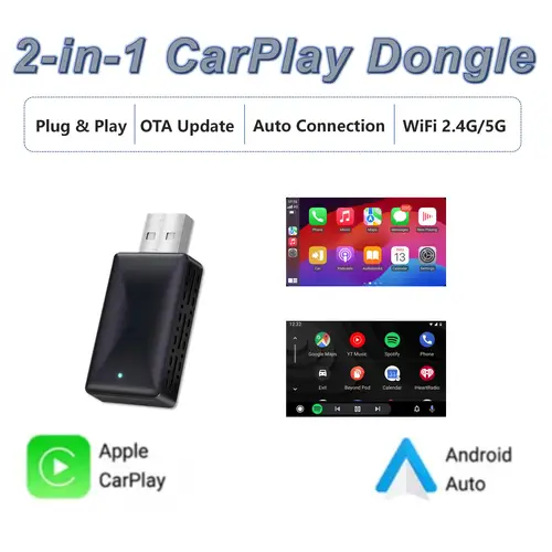 Imagen 1 del producto Adaptador inalámbrico CarPlay y Android Auto 2 en 1, Plug & Play CarPlay converte cableado a inalámbrico, conexión automática rápida, sin retraso