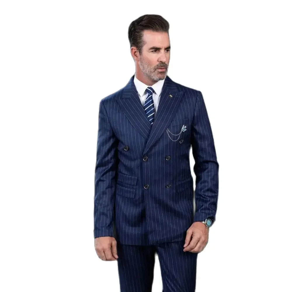 Blue Pinstripe Men Suit Blazer 2 Pcs Jacket Pants Costume Homme Fashion Double Breasted Peak Lapel Prom Party Male Set