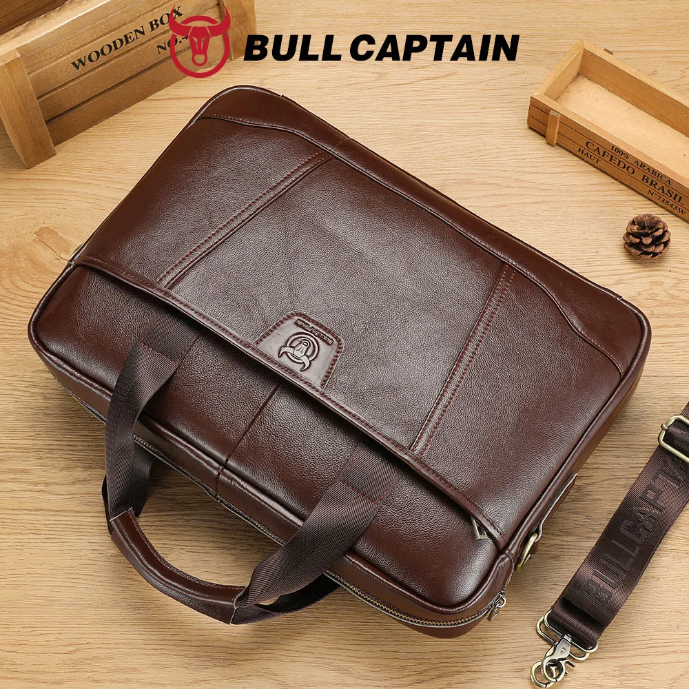 BULLCAPTAIN Men's Briefcase Bag Top Layer Leather Handcrafted Laptop Bag with Multiple Compartments Business Shoulder Messenger