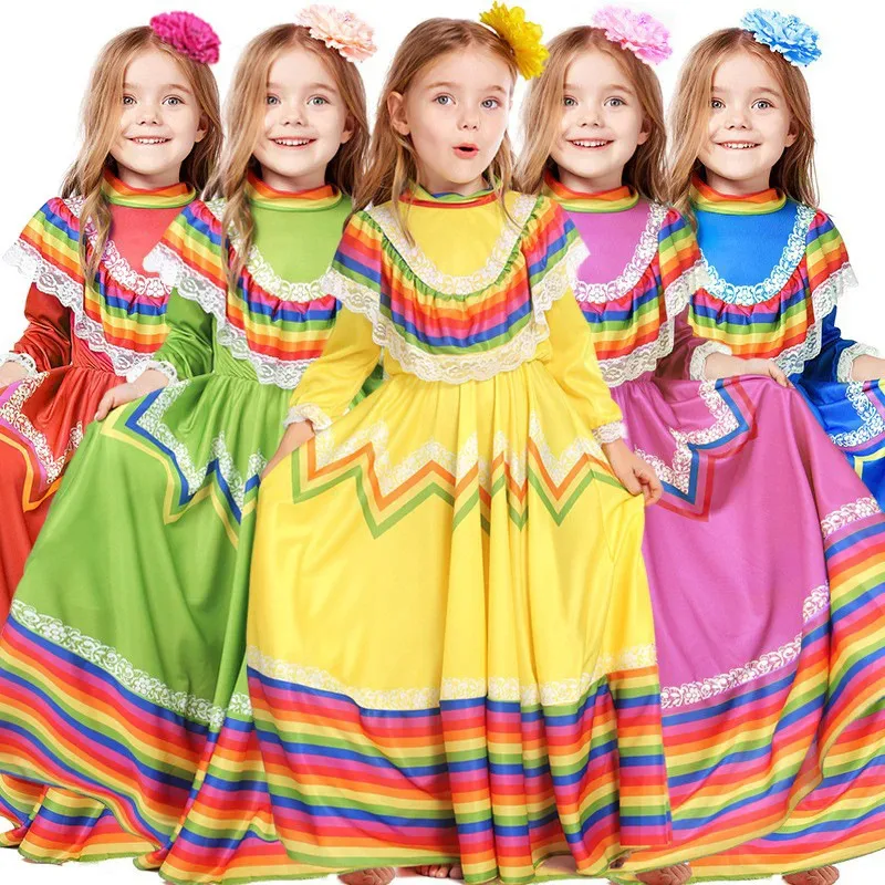 Kids Mexico Costume Dress Colors Mexican Girl Senorita Dance Cinco De Mayo Fiesta Dress