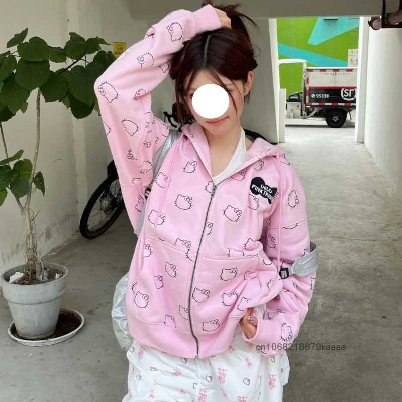 Sanrio Hello Kitty American Style Cute Print Hoodie Women Autumn Loose Versatile Sweatshirt Y2k Sweet Girl New Casual Ziper Coat