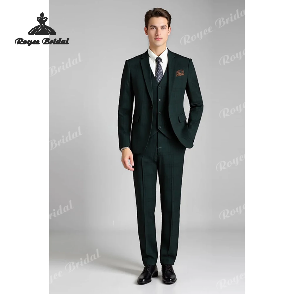 Dark Green Plaid Three Piece Men's Wedding Suit 2026 Notched Lapel Single Breasted Evening Suit Customized trajes para hombre