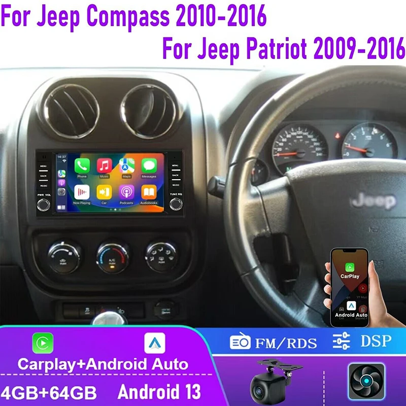 

4+64GB For Jeep Compass 2010-2016 Car Stereo Radio FM BT Apple Carplay Android Auto Head Unit For Jeep Patriot 2009-2016