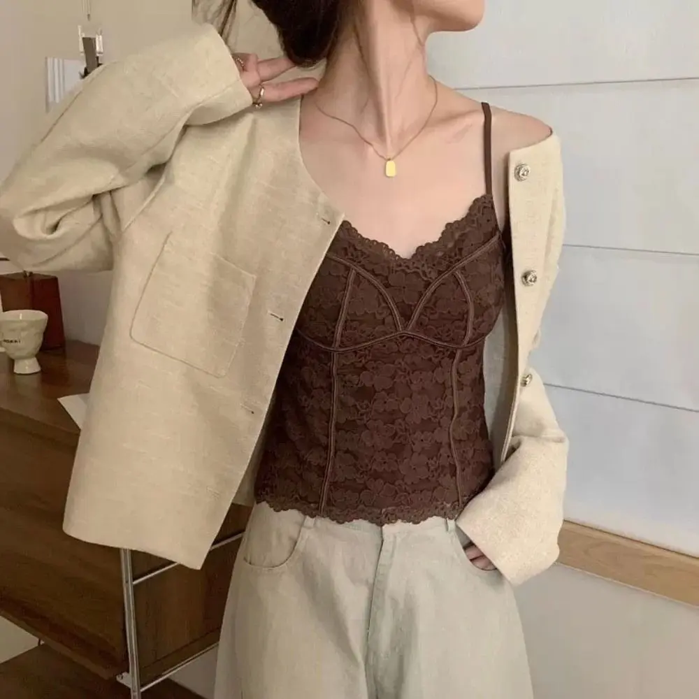 Top corto de encaje ajustado con flores de malla, camisa con cuello en V, chaleco para niña, Top picante, chaleco estilo para niña, camisola con almohadillas