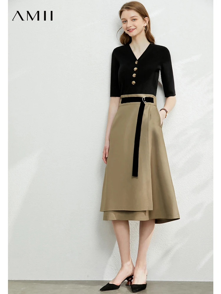 AMII Minimalism Autumn Skirts Fashion Solid Belt Women Robe Causal High Waist Aline Irregular Hem Female Midi Skirt 12240752