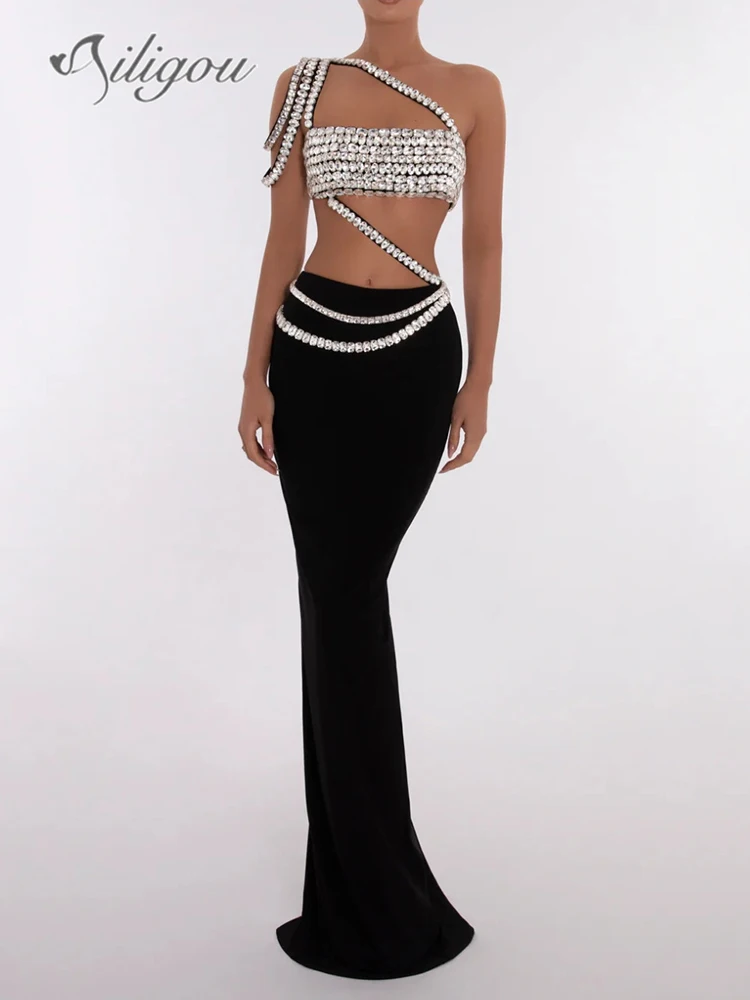 Ailigou-top curto feminino, saia longa apertada, elegante vestido de festa, diamante luxuoso, sexy, alta qualidade, verão, novo, conjunto de 2 peças, 2022