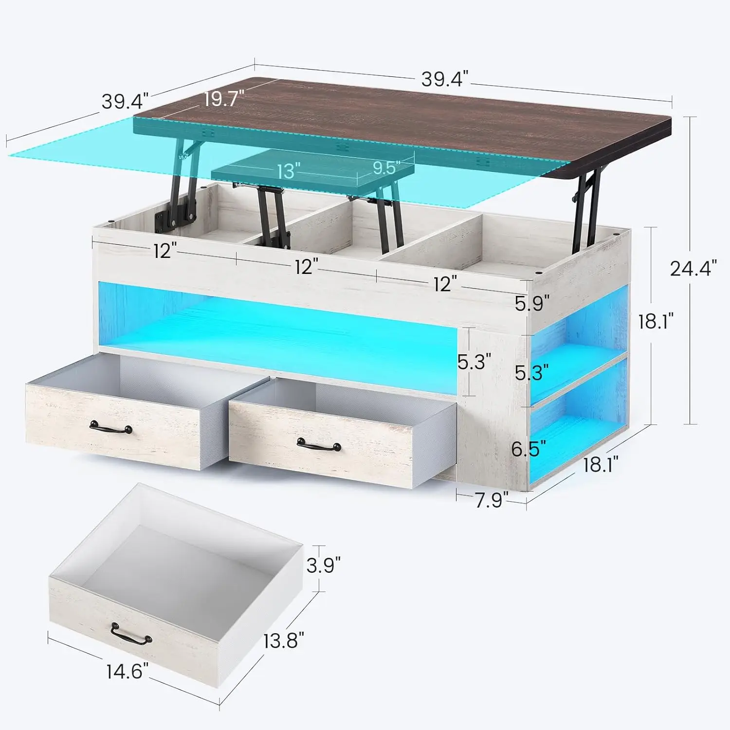 Lift Top Coffee Table, 4 In 1 Coffee Tables With Storage And Hidden Compartment, Farmhouse Coffee Table With 2 Fabric Drawers &