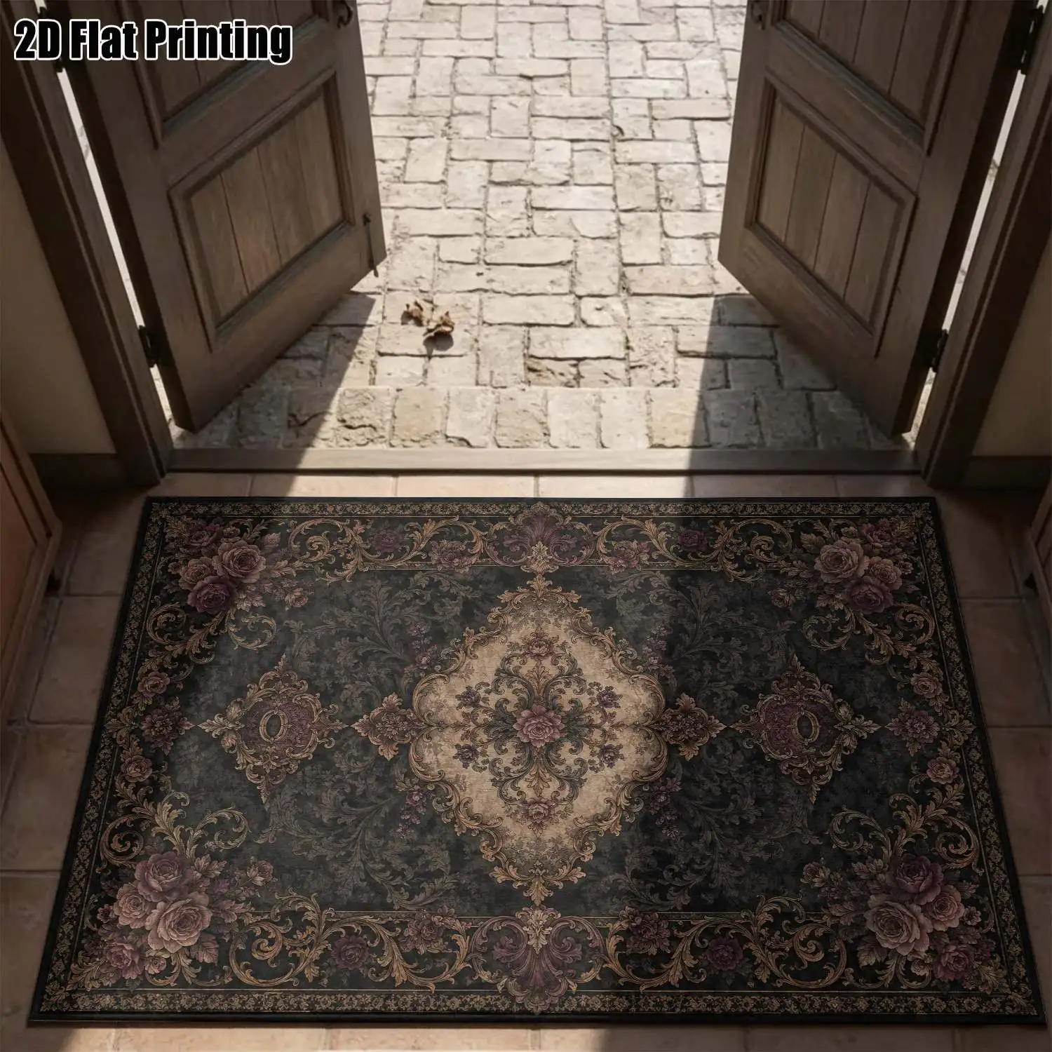 1Pc 2D Printed Retro European Geometric Carpet: Dark Gray Base Purple-Pink Floral Patterns, Machine Washable, Multiple Sizes, for Home Decor - Living Room, Bedroom, Dining Room, Entrance, Study