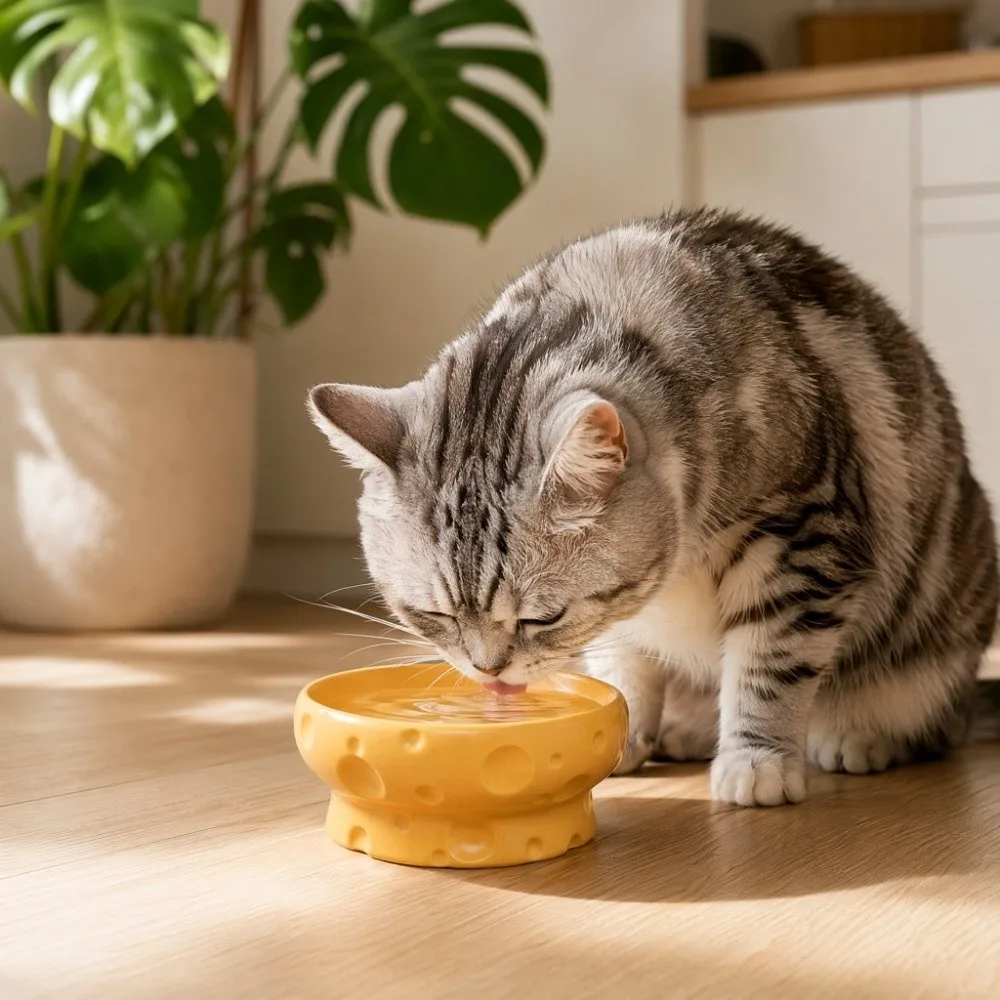 Gamelle surélevée pour chat de grand diamètre, anti-chute, en forme de fromage, protection du cou, anti-étouffement, en céramique, pour usage intérieur