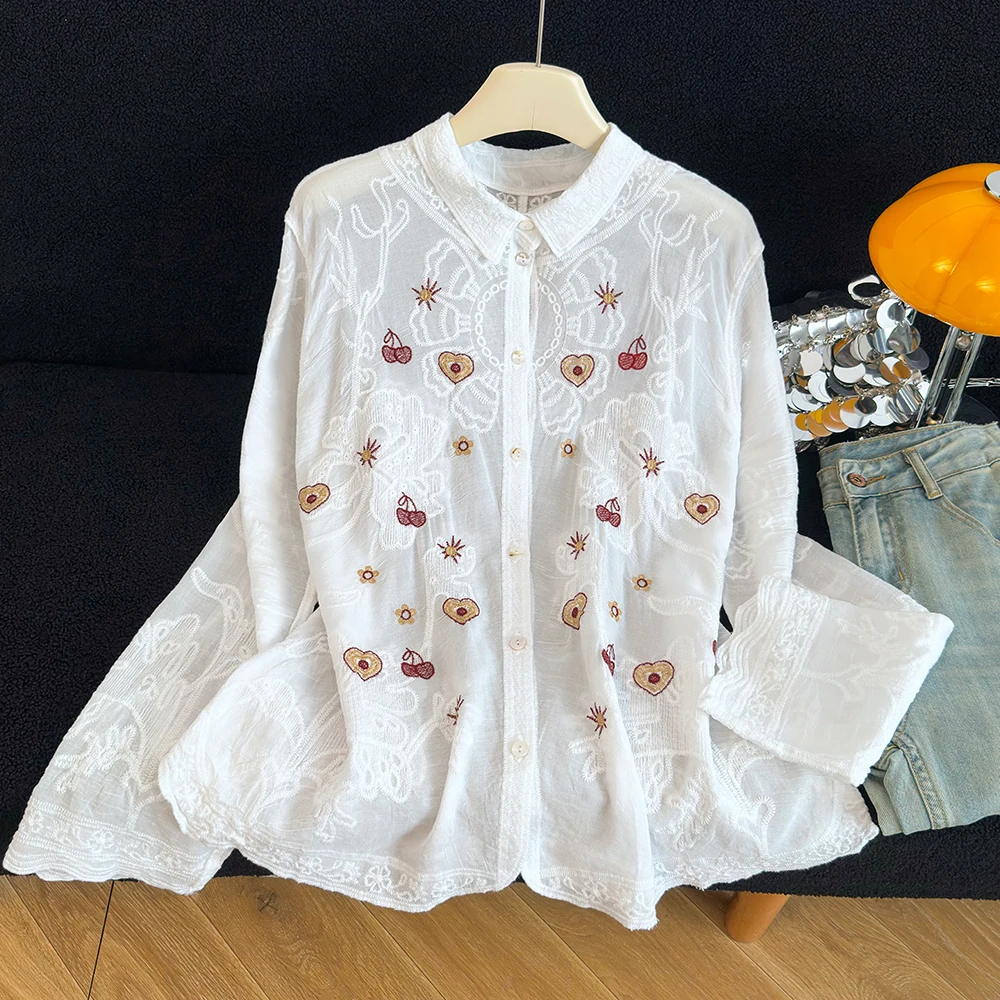 New Style Romantic Lace Heavy Embroidery Flower Long Sleeve Shirt Loose Fit Transparent French Style Straight Tube Polye...