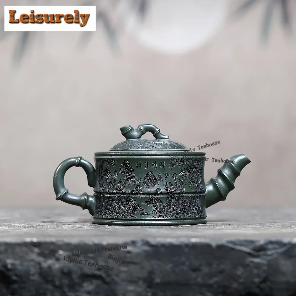 260ml Antique Yixing Purple Clay Teapots Handmade Panda Bamboo Section Pot Raw Ore Ink Green Mud Kettle Zisha Teaset Collection