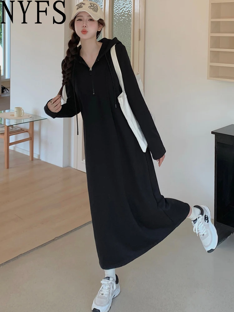 NYFS 2024 Autumn New Korea Women Dress Vestidos Robe Elbise Loose Plus Size Long Sleeve Hooded Long Dresses