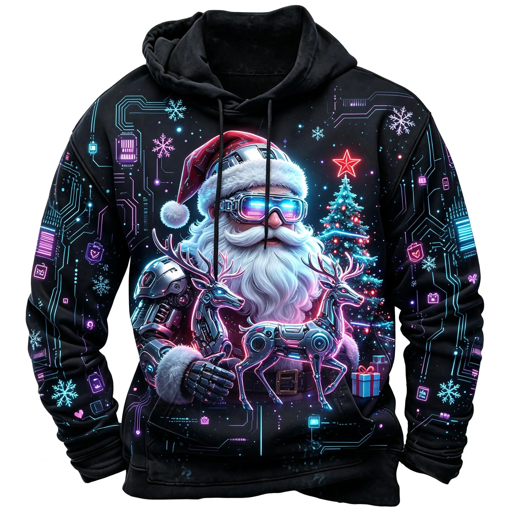 2026 Men Thin Sweatshirt Autumn Winter Hoodie Xmas Cyber Santa Neon Graphic Print Long Sleeve Male Tops Men's Clothes